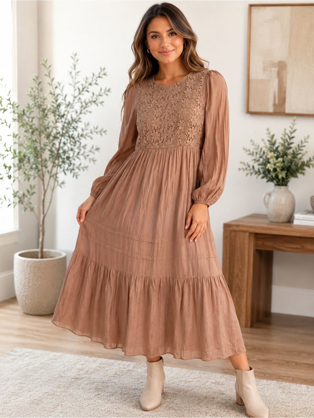 Lace Bodice Maxi Dress in Dusty Brown
